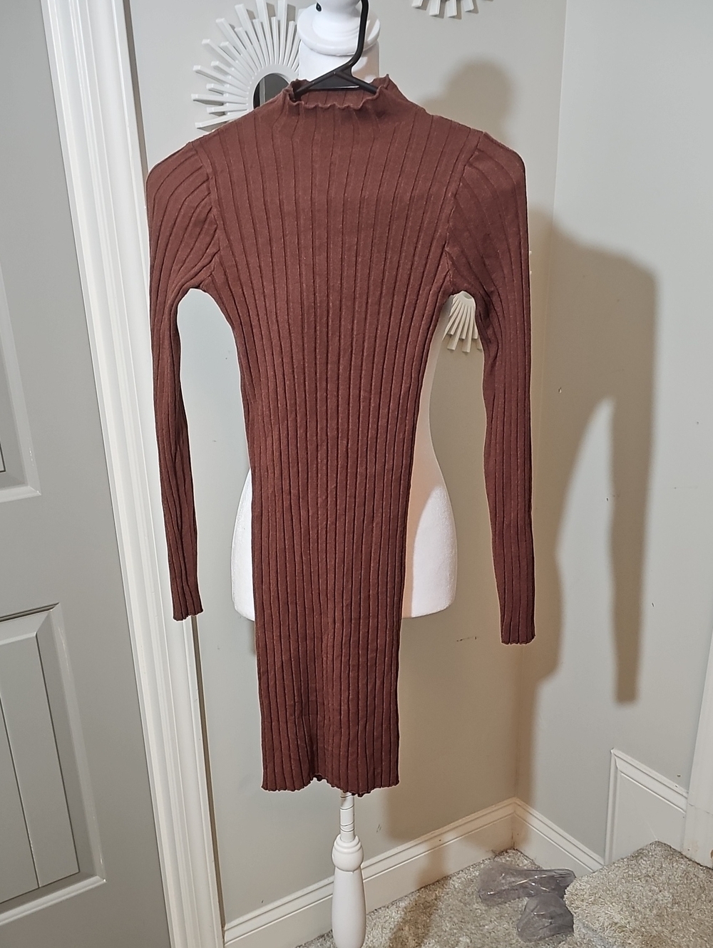 SHEIN Ribbed Mock Neck Long Sleeve Dress in Brown